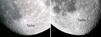 The prominent crater Tycho provides an easy way for us to see libration in latitude. In the photo at right, notice how much farther south of Tycho you can see during a favorable libration. Credit: John Chumack (left), Frank Barrett (right) . Caption and photos via AstroBob.