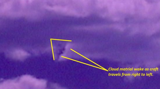 Cloaked craft removed from full spectrum video footage. Craft traveling right to left outlined in cloud material.