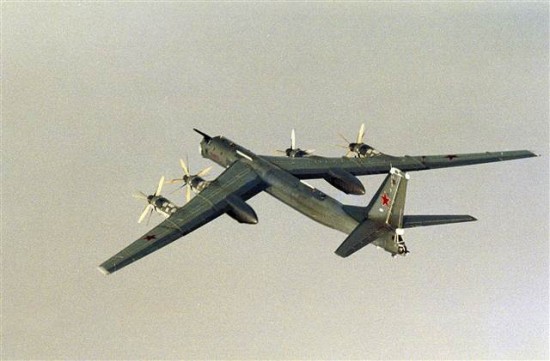 A Russian Tupolev Tu-95 bomber flies over international waters near the coast of Norway in 2007.