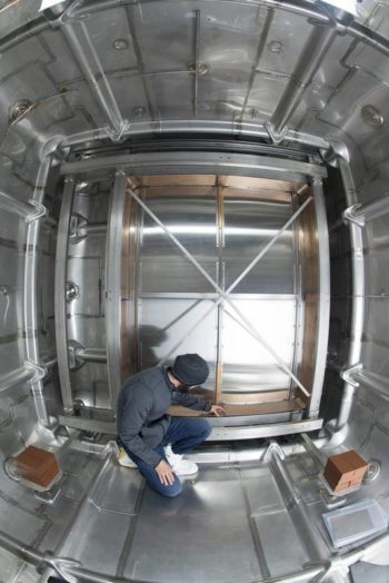 The inside of a prototype of a liquid argon time-projection chamber, similar to what will be used to detect neutrinos in the Deep Underground Neutrino Experiment that, if approved, would be based at Fermilab in Batavia. Courtesy of Fermilab