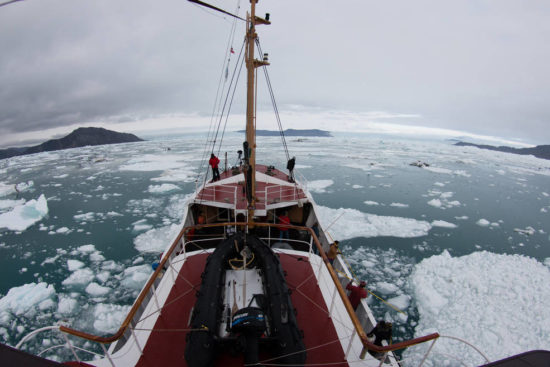 UC Irvine glaciologists aboard the MV Cape Race in August 2014 mapped for the first time remote Greenland fjords and ice melt that is raising sea levels around the globe. Maria Stenzel/for UC Irvine funding provided by UC Irvine, NASA, National Science Foundation